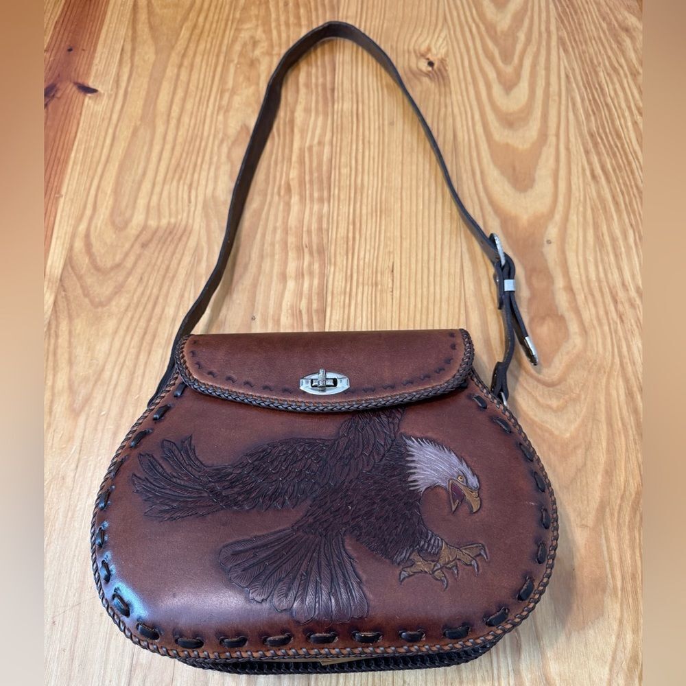 Vintage Handmade Tooled Leather Eagle Bird Saddlebag Shoulder Purse Western - Picture 2 of 16